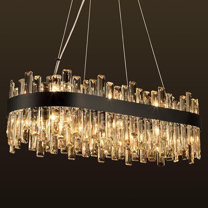Weesalife Black Crystal Chandeliers for Dining Room Lights Fixtures Over Table, 16 Lights Modern Rectangle 2-Tier Chandeliers for Kitchen Island Bar L32 Inch