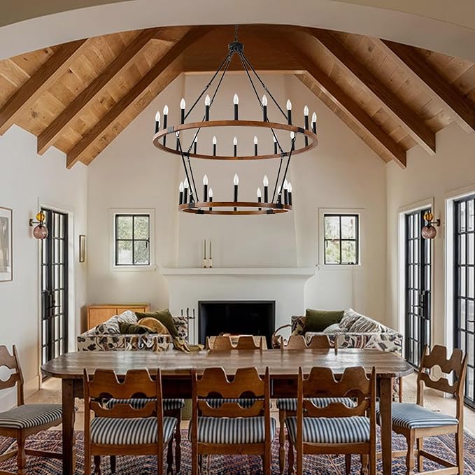 HHR 2 Tier 48'' Solid Wood Wagon Wheel Chandelier, 32-Light High Ceiling Island Lights Fixtures, Rustic Large Chandelier for Farmhouse Dining Room Bedroom Entryway Living Room Café E12