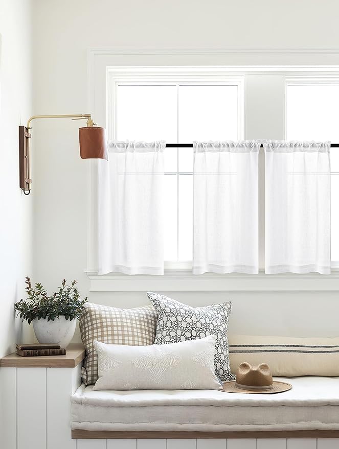 White Linen Kitchen Window Curtains 2 Panels Rod Pocket Linen Cafe Curtains 24 Inch Length Light Filtering Semi Sheer Boho Off White Short Tier Drapes for Small Window Basement Bathroom RV 26Wx24L