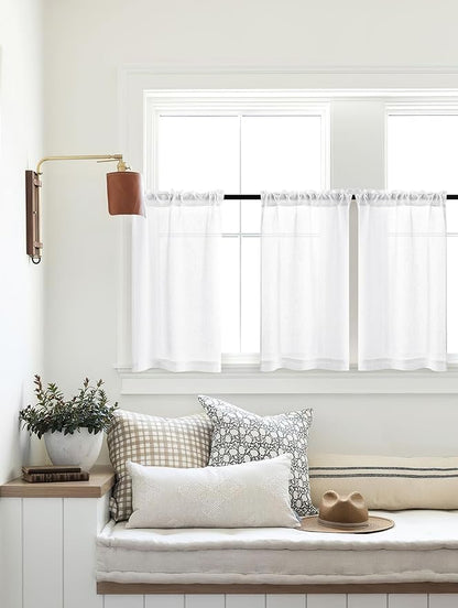 White Linen Kitchen Window Curtains 2 Panels Rod Pocket Linen Cafe Curtains 24 Inch Length Light Filtering Semi Sheer Boho Off White Short Tier Drapes for Small Window Basement Bathroom RV 26Wx24L