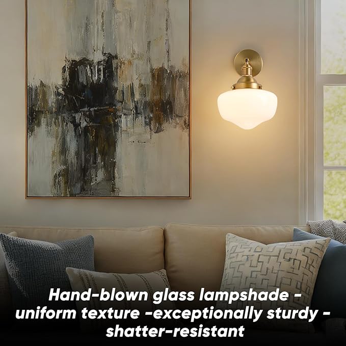 Vintage Wall Sconce, Bathroom Vanity Light with Milky White Glass Shade and Matte Brass Finish Bathroom Light Fixture, Wall Lamps for Living Room