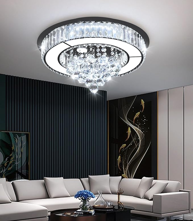 19.6" Black Modern Crystal Chandeliers for Dining Room LED Dimmable Light Fixtures Flush Mount Light Living Room Bedrooms