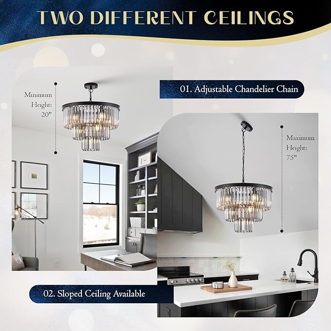 Smoke Gray Crystal Chandeliers Black Round 20" Chandelier Modern 3 Tiers 7-Light Ceiling Pendant Light Fixture Luxury K9 Crystal Lighting for Dining Room Bedroom Kitchen Foyer