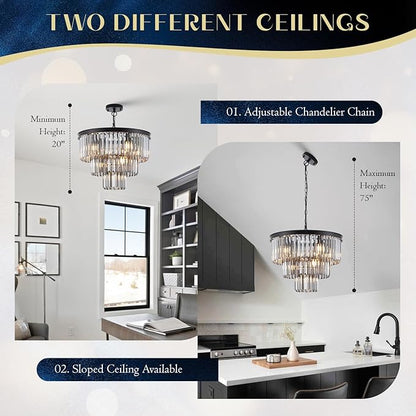 Smoke Gray Crystal Chandeliers Black Round 20" Chandelier Modern 3 Tiers 7-Light Ceiling Pendant Light Fixture Luxury K9 Crystal Lighting for Dining Room Bedroom Kitchen Foyer