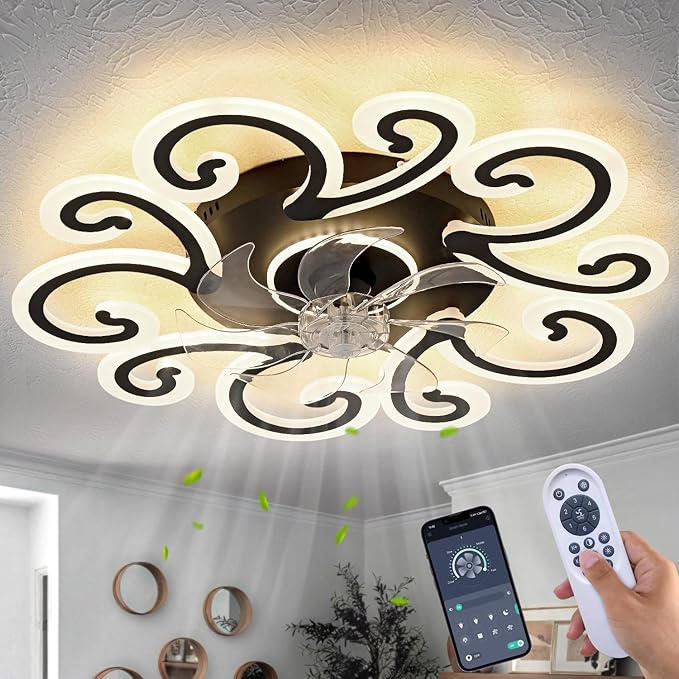 29" Black Flower Modern Ceiling Fan with Lights Remote Control, Low Profile Ceiling Fan with Light for Kitchen Bedroom Living Room