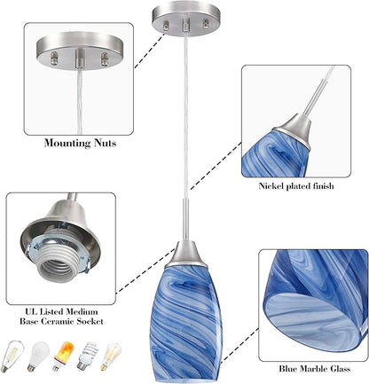 Viinew Mini Glass Pendant Light 1-Pack Dark Blue Marble Art Glass Pendant Lights Kitchen Island Brushed Nickel Finish Hanging Light for Kitchen Over Sink,Dining Room,Foyer,Hallway