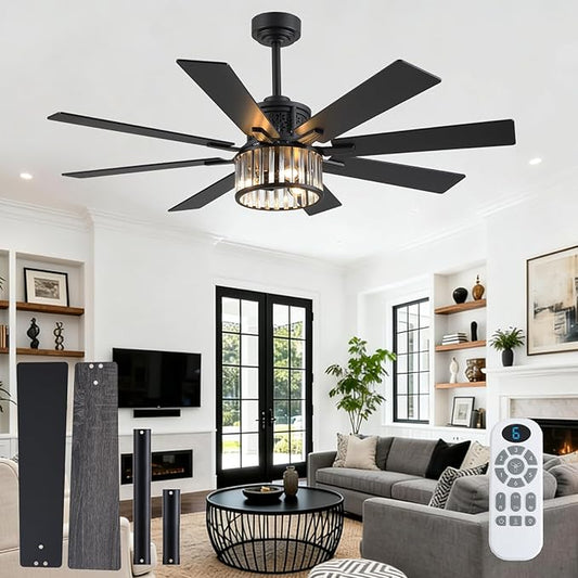 NKPU 52 Inch Farmhouse Crystal Ceiling Fans with Lights and Remote, Chandelier Industrial Ceiling Fan with Dual 8 Blades, 6 Speed Reversible Motor, Timing, Black Ceiling Fan for Living room Bedroom