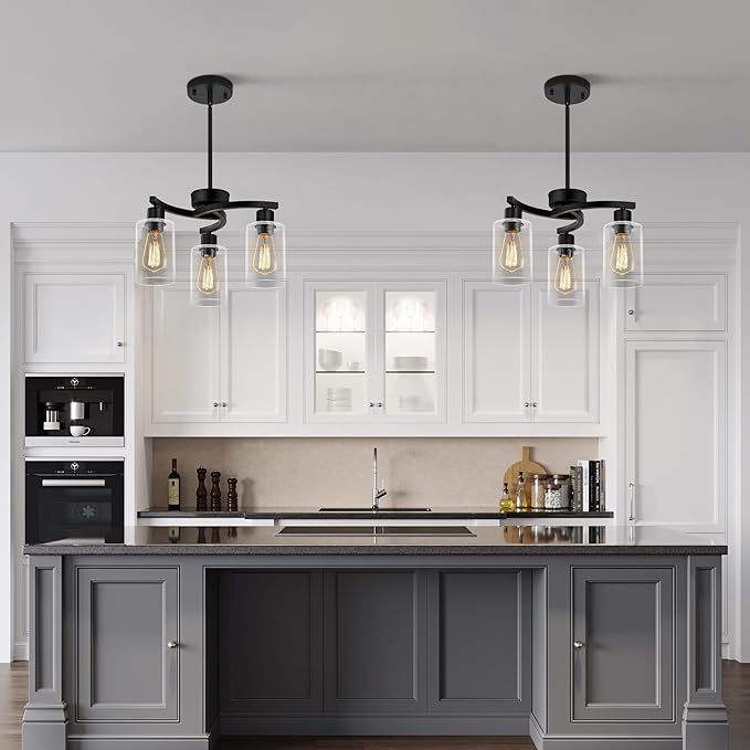 CNRATYE 3-Light Modern Farmhouse Black Pendant Lights Kitchen Island, Adjustable Height Contemporary Chandeliers for Dining Room Light Fixture Hanging, Clear Glass Shade