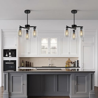 CNRATYE 3-Light Modern Farmhouse Black Pendant Lights Kitchen Island, Adjustable Height Contemporary Chandeliers for Dining Room Light Fixture Hanging, Clear Glass Shade