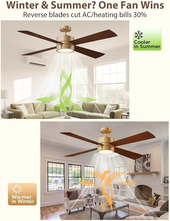 52" Outdoor Ceiling Fan with Lights and Remote – Luxury Gold Finish, Waterproof DC Motor, Reversible, Dimmable LED, Smart APP Control for Patios, Gazebo, and Indoor Spaces
