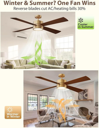 52" Outdoor Ceiling Fan with Lights and Remote – Luxury Gold Finish, Waterproof DC Motor, Reversible, Dimmable LED, Smart APP Control for Patios, Gazebo, and Indoor Spaces