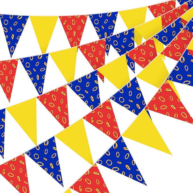 Hestya 5 Pcs 49 Ft Blue with Gold Ring Pennant Banner, Cartoon Themed Birthday Party Decor Video Games Triangle Flag Bunting Garland for Baby Shower Birthday Supplies