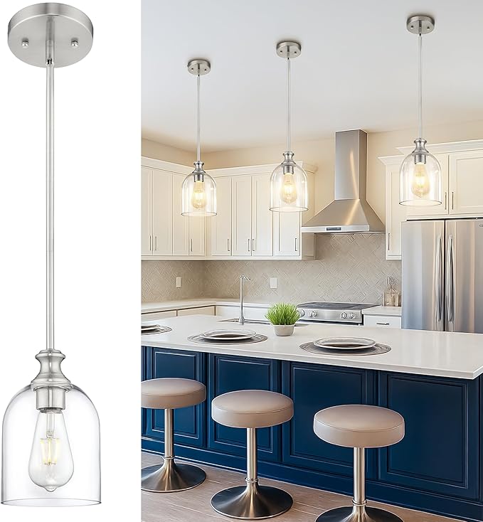 AUTELO Brushed Nickel Pendant Lights, 1-Light Kitchen Pendant Lighting with Clear Cylinder Glass, Modern Pendant Lights Kitchen Island with Adjustable Rods, H2511 CLST