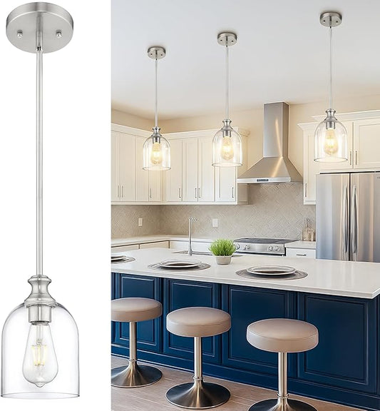 AUTELO Brushed Nickel Pendant Lights, 1-Light Kitchen Pendant Lighting with Clear Cylinder Glass, Modern Pendant Lights Kitchen Island with Adjustable Rods, H2511 CLST
