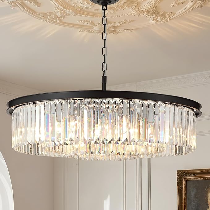 Large Crystal Chandelier Black Chandeliers Luxury Pendant Lights Fixture for Dining Living Room 12-Lights 3-Tier Raindrop Chandeliers Lighting (Black, Dia 31 Inch)