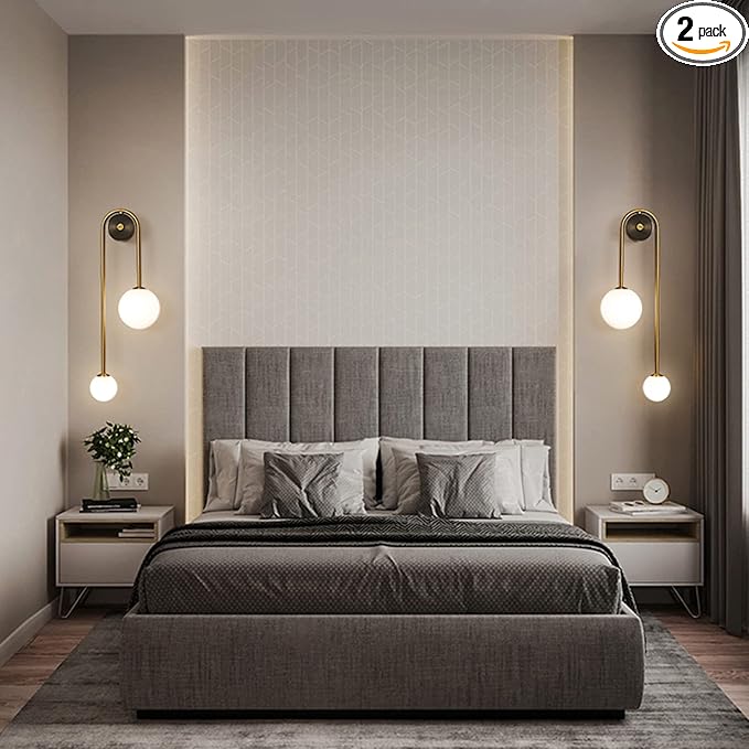 Modern Wall Sconce Set of 2 Mid Century Black Gold Wall Lamp with 2 Milk Glass Shade U-Shape Linear Wall Light for Bedside Dining Room Bathroom,Hard-Wired Install