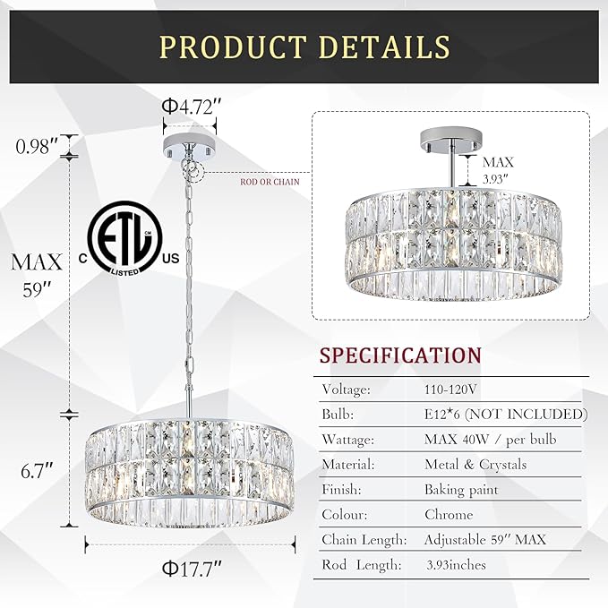 CATINER Modern Crystal Chandelier 18”Chrome Semi Flush Mount Ceiling Light Fixtures 6-Lights Drum Crystal Pendant Lighting for Dining Room Foyer Bedroom Living Room