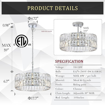 CATINER Modern Crystal Chandelier 18”Chrome Semi Flush Mount Ceiling Light Fixtures 6-Lights Drum Crystal Pendant Lighting for Dining Room Foyer Bedroom Living Room