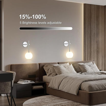 Chrome Battery Operated Wall Sconces Set of 2, Rechargeable Wireless Wall Lights with Milky White Frosted Glass, 12 RGB and 3CCT Dimmable, Wall Lamps with Remote for Bedroom Living Room Hallway