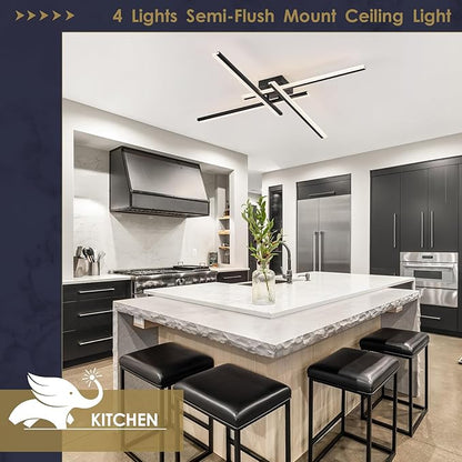 Modern Led Chandelier 4-Lights Semi-Flush Mount Ceiling Lighting Fixture 35.4” Dimmable Remote Control Ceiling Light for Living Room Bedroom Kitchen Foyer 40W