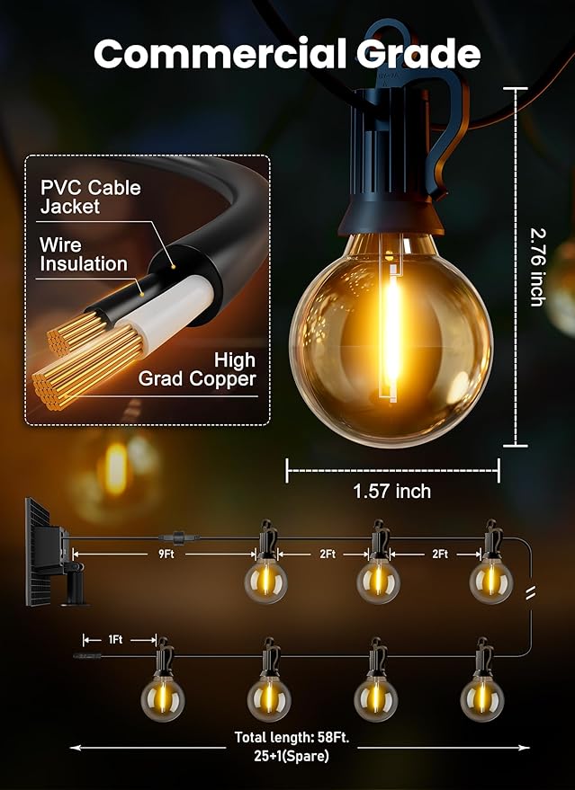 Brightown 58FT 26LED Solar String Lights Outdoor with Remote & USB Port, Shatterproof Bulbs, Dimmable & Timable, 3 Modes, Patio Lights Solar Powered with Mount Clips for Camping Backyard Garden Decor