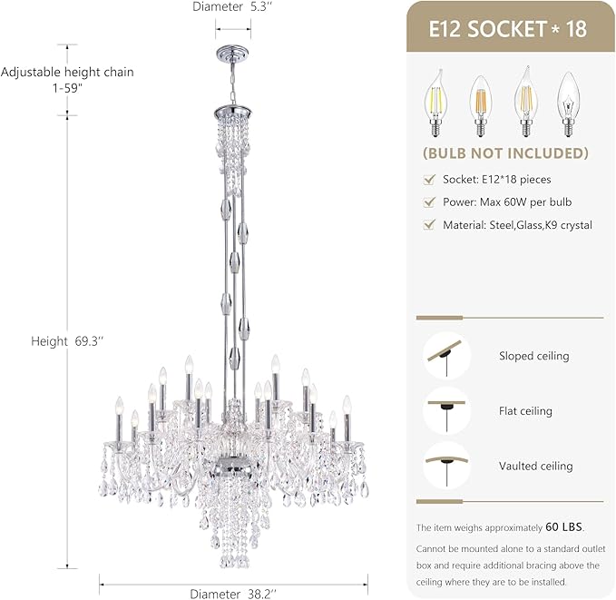 18-Light Crystal Candle Chandelier, Chrome Chandelier for Foyer, Staircase & High Ceiling Living Room, Adjustable Height, E12 Base
