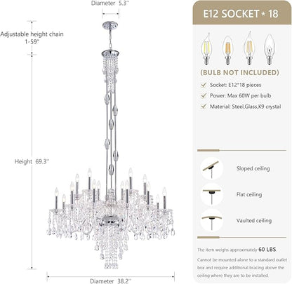 18-Light Crystal Candle Chandelier, Chrome Chandelier for Foyer, Staircase & High Ceiling Living Room, Adjustable Height, E12 Base