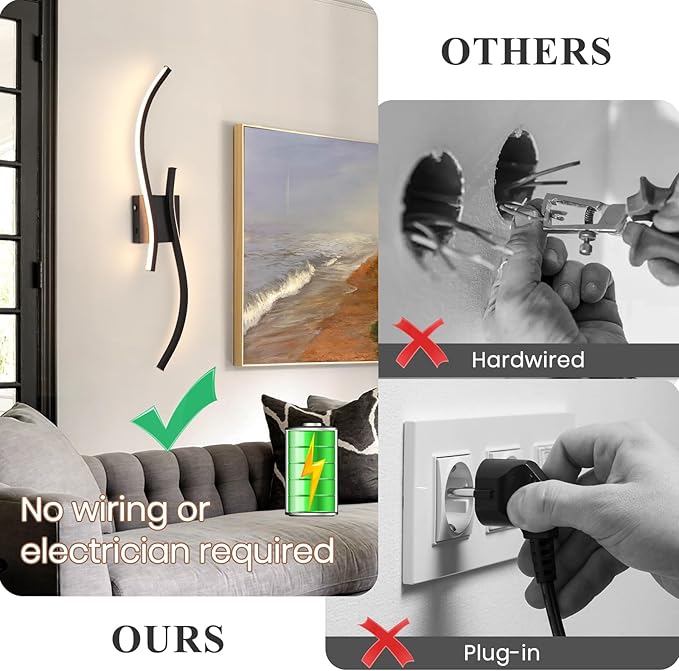Battery Operated Wall Sconces Set of 2, Dimmable Rechargeable Battery Wall Light with Remote Control, 3000K-6500K LED Black Wireless Wall Sconce for Living Room Bedroom Hallway, 31.5inch (Black)