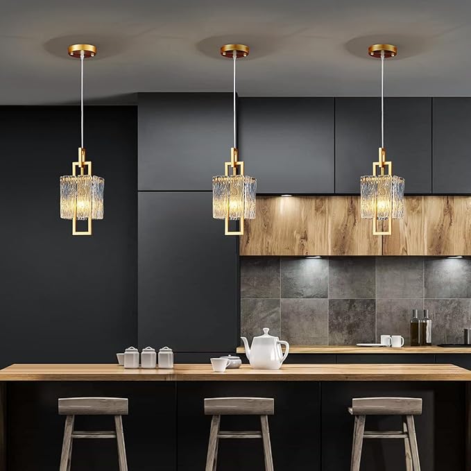Modern Gold Pendant Light Fixtures for Kitchen Island and Dining Room, Industrial Mini Small Hanging Crystal Chandelier Lights Fixture for Entryway Hallway Foyer Living Room Bedroom 1-Pack