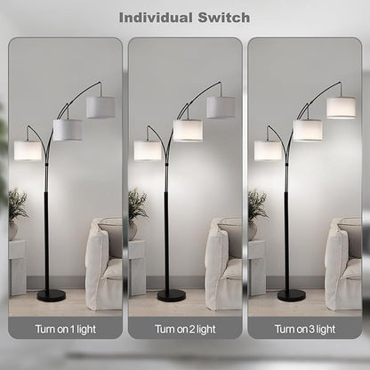 Floor lamp with Remote, 3 Light Arc Floor Lamps for Living Room, 2400LM Tall Standing Floor Lamps with Gray Shades, 80" Large Floor Lamp for Bedroom, Office