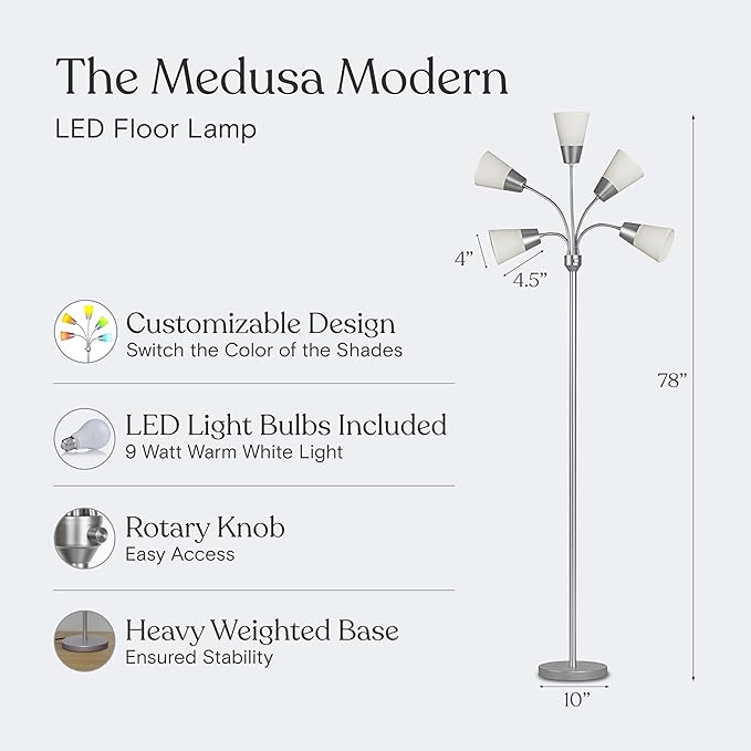 Brightech Medusa Modern LED Floor Lamp – Multi Head Floor Lamp for Living Rooms & Offices – Tall Lamp with Interchangeable Shade, Standing Lamp with 5 LED Bulbs for Hobbies - Silver