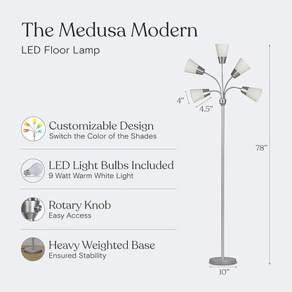 Brightech Medusa Modern LED Floor Lamp – Multi Head Floor Lamp for Living Rooms & Offices – Tall Lamp with Interchangeable Shade, Standing Lamp with 5 LED Bulbs for Hobbies - Silver