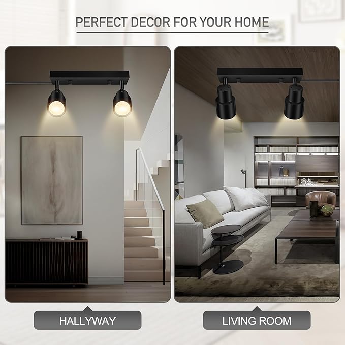 Plug in Track Lighting Fixtures Ceiling, Black Track Light LED, 2-Light Plug in Wall Lights with Cord, 2 Way Ceiling Spotlight, Rocker Switch, Rotatable Spotlight for Bedroom, Bulb Not Included