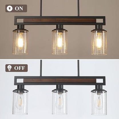 Farmhouse Dining Room Light Fixture, 3-Light Wood Kitchen Island Lighting for Dining Room Over Table, Black Adjustable Pendant Light with Seeded Glass Shades, Linear Chandeliers Lighting for Kitchen