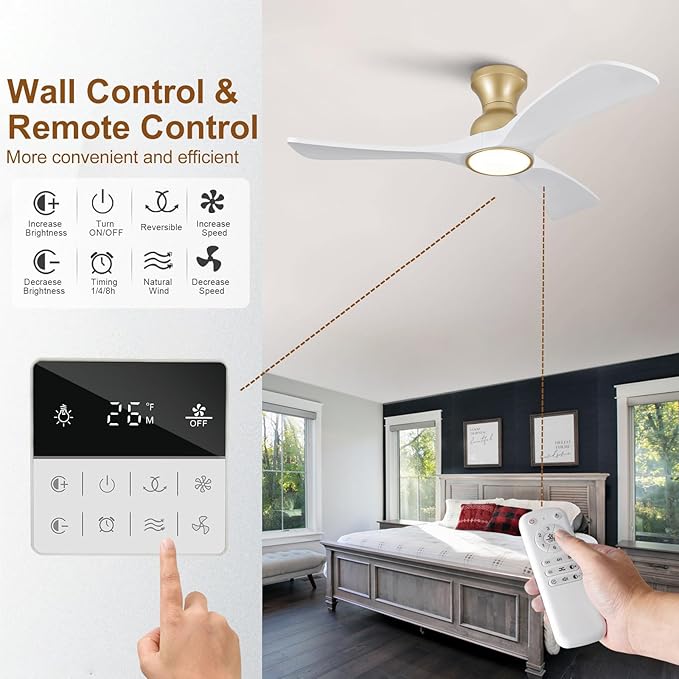 White Gold Ceiling Fans with Lights Flush Mount,42 inch Solid Wood,Remote Control,Wall Switch,Dimmable,Reversible,Power Off Memory Modern Ceiling Fan Indoor/Outdoor for Bedroom Patios