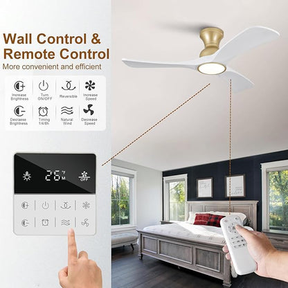 White Gold Ceiling Fans with Lights Flush Mount,42 inch Solid Wood,Remote Control,Wall Switch,Dimmable,Reversible,Power Off Memory Modern Ceiling Fan Indoor/Outdoor for Bedroom Patios