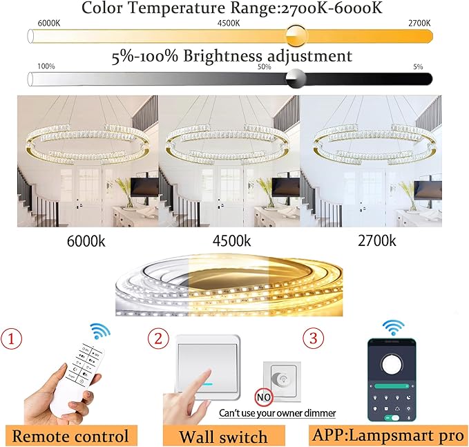 D47.5'' Gold Modern Crystal Ring Chandeliers for Living Room Dinning Room Crystal Pendant Light Dimmable 3000k-6000k