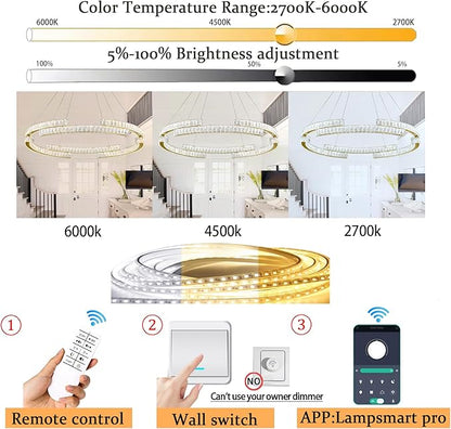 D47.5'' Gold Modern Crystal Ring Chandeliers for Living Room Dinning Room Crystal Pendant Light Dimmable 3000k-6000k