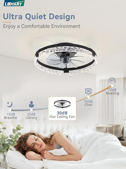 LEDIARY 20 Inch Low Profile Ceiling Fans with Lights and Remote, Fandelier Ceiling Fan Flush Mount, 3000K-6000K Dimmable LED Fan Light, Black Modern Ceiling Fans with Lights for Bedroom