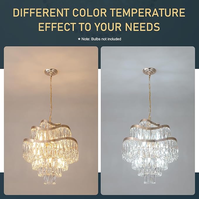 12 Lights 7-Tier K9 Crystal Gold Chandelier 20" Modern Pendant Chandelier Lighting Crystal Light Fixtures for Living Room Dining Room Bedroom Kitchen Foyer Entryway, E12