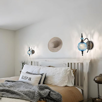 Vintage Wall Sconces with Black Finish Bathroom Blue Wall Light Fixtures with Crystal Glass Shade for Bedroom Living Room Kitchen Hallway