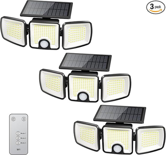 Brightown 3 Pack Solar Outdoor Lights with Motion Sensor, 223 LED 3 Head 270° Wide Angle Street Area Security Lights with Remote, IP65 Waterproof Flood Wall Lights with 3 Modes for Yard Outside