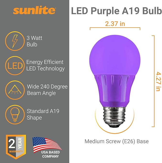 Sunlite LED A19 Colored Light Bulb, 3 Watts (25w Equivalent), E26 Medium Base, Non-Dimmable, UL Listed, Party Decoration, Holiday Lighting, Purple, 1 Count