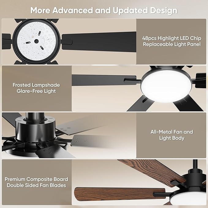 52 Inch Ceiling Fans with Lights, Upgraded 6 Blade Design, Remote Control, Ultra Quiet Reversible DC Motor, 6 Speeds, 3CCT Dimmable LED, Memory Function, Double Sided Blade for Bedroom Livingroom
