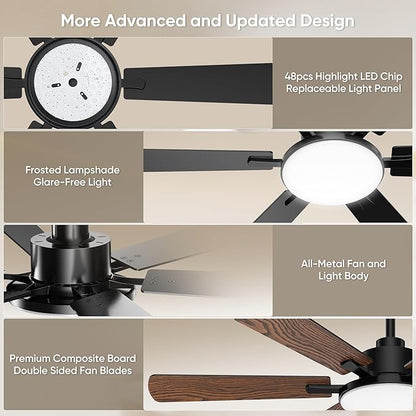 52 Inch Ceiling Fans with Lights, Upgraded 6 Blade Design, Remote Control, Ultra Quiet Reversible DC Motor, 6 Speeds, 3CCT Dimmable LED, Memory Function, Double Sided Blade for Bedroom Livingroom