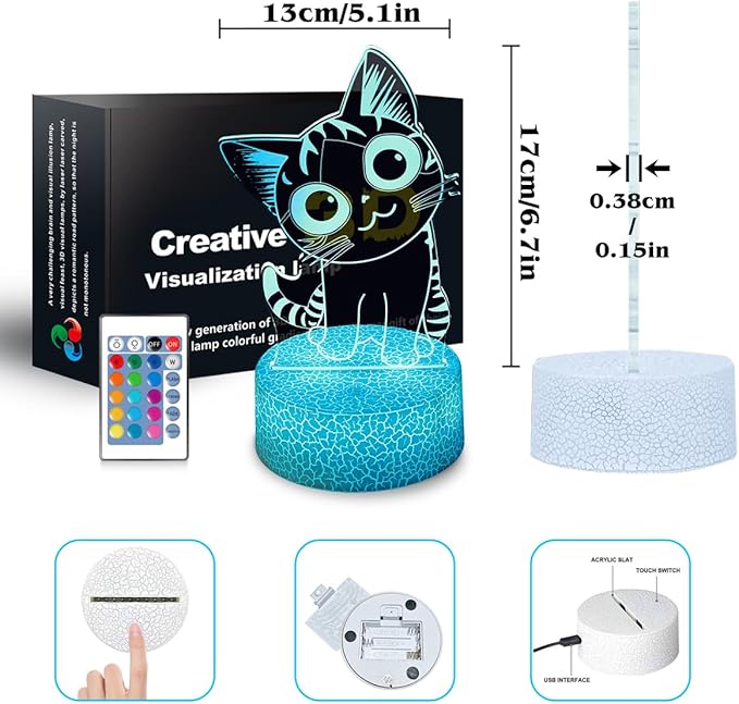 3D Cat Night Light Gifts for Kids 16 Color Change Decor Bedside Lamp with Remote and Smart Touch, Gifts for Christmas Birthday Boys Girls