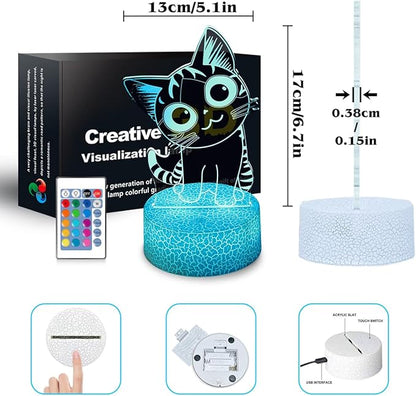 3D Cat Night Light Gifts for Kids 16 Color Change Decor Bedside Lamp with Remote and Smart Touch, Gifts for Christmas Birthday Boys Girls