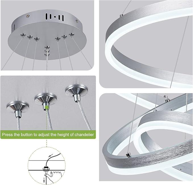 Benkut 3-Rings Modern LED Chandelier Silver Dimmable Pendant Lighting with Remote Control Circular Flush Mount High Ceiling Light for Dining Room Living Room Entrance Foyer, 3000K-6500K D23.6in