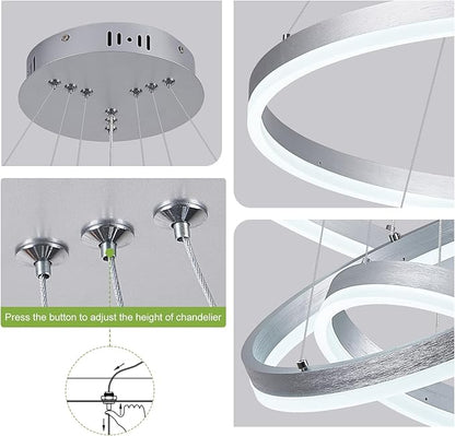 Benkut 3-Rings Modern LED Chandelier Silver Dimmable Pendant Lighting with Remote Control Circular Flush Mount High Ceiling Light for Dining Room Living Room Entrance Foyer, 3000K-6500K D23.6in