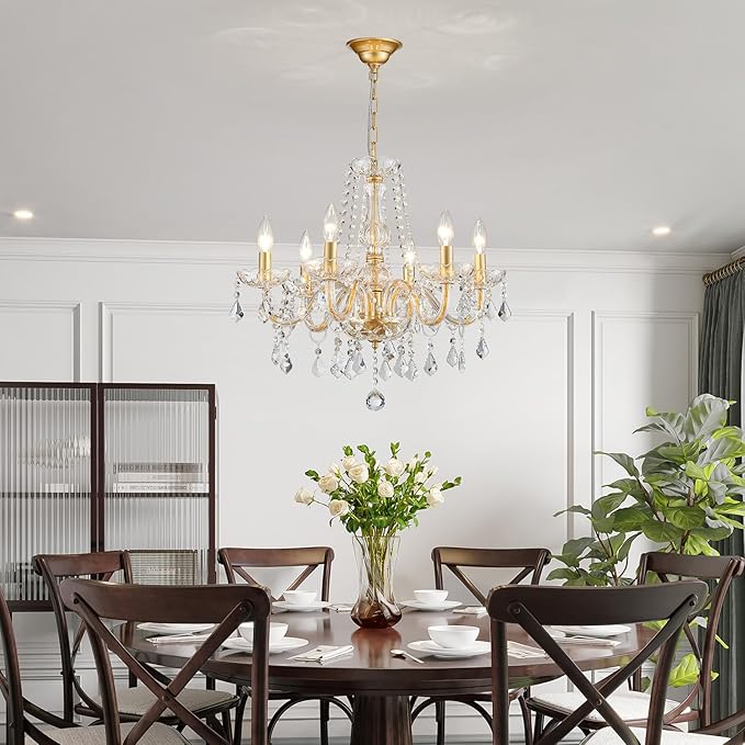 Crystal Chandelier Light Fixture, Modern K9 Crystal Chandeliers for Dining Room, 6-Lights Gold Ceiling Light, Adjustable Hanging Pendant Light Fixture for Living Room Entryway Kitchen Island Hallway